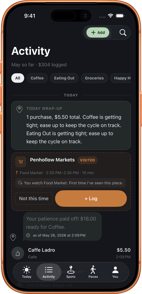 SpotFunds Activity feed showing visit detection and transaction logging