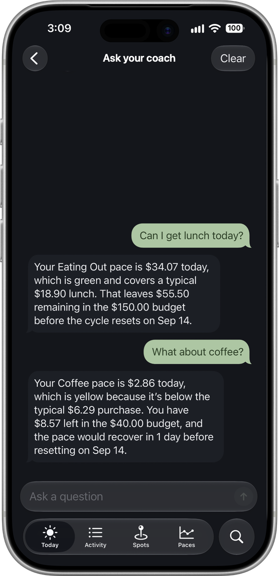 SpotFunds coach chat on iPhone. Asked “Can I get lunch today?” the coach answers with the Eating Out pace and what a typical lunch costs; asked “What about coffee?” it explains the Coffee pace is yellow and would recover in a day.