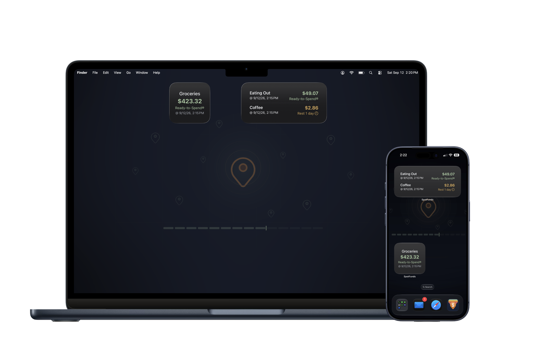 SpotFunds widgets showing Ready-to-Spend on a Mac desktop and on an iPhone Home Screen side by side